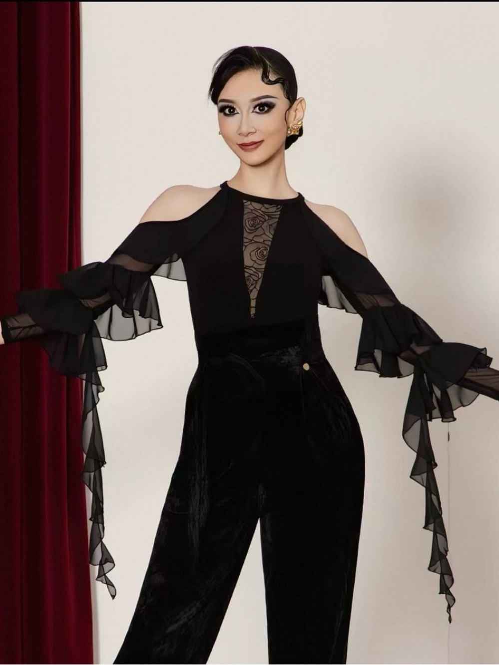 Black Ruffle Cold Shoulder Bodysuit for Ballroom Dance Practice/Showcase